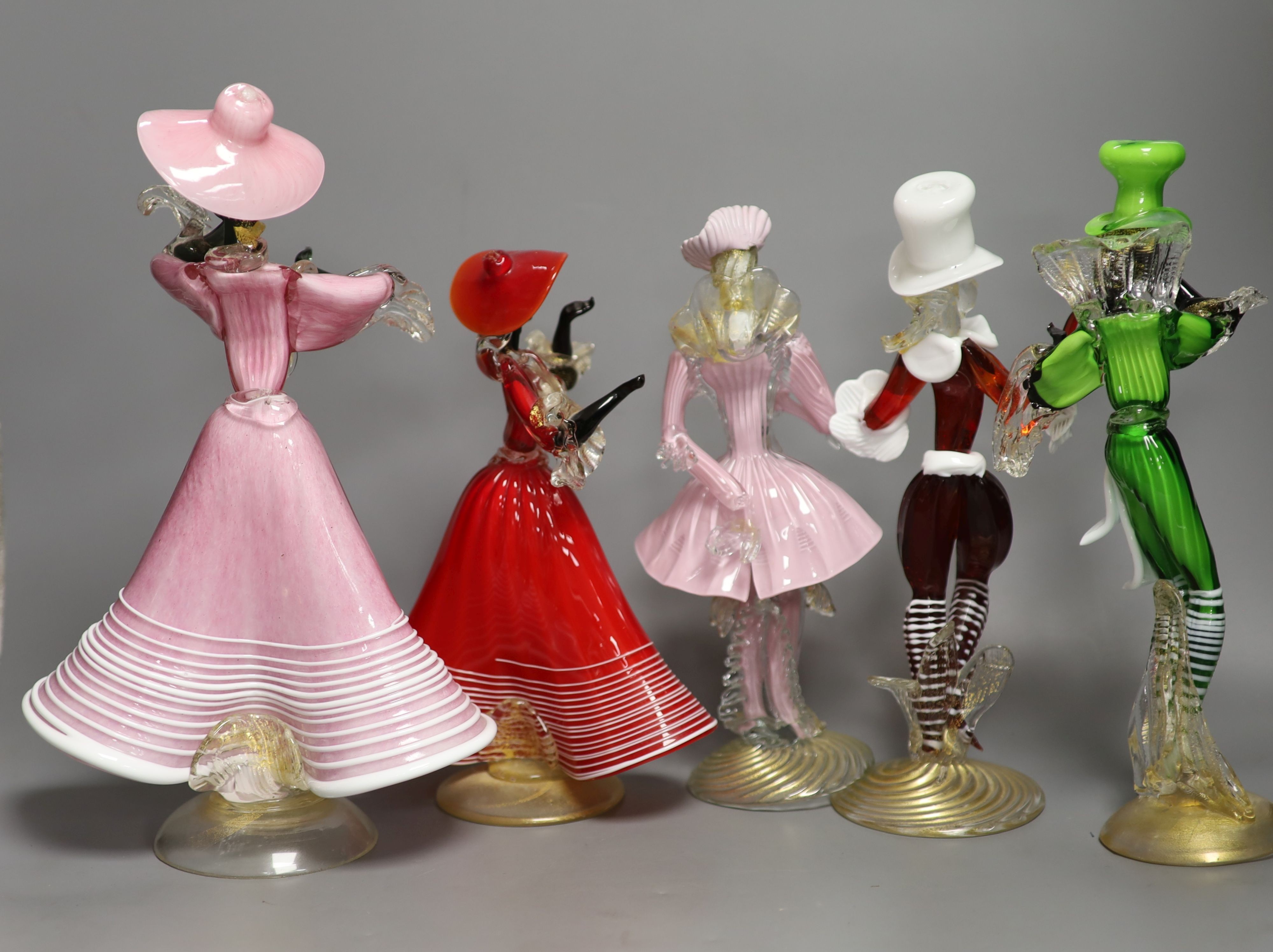 A group of eight Murano glass figures of dancers, tallest 32cm